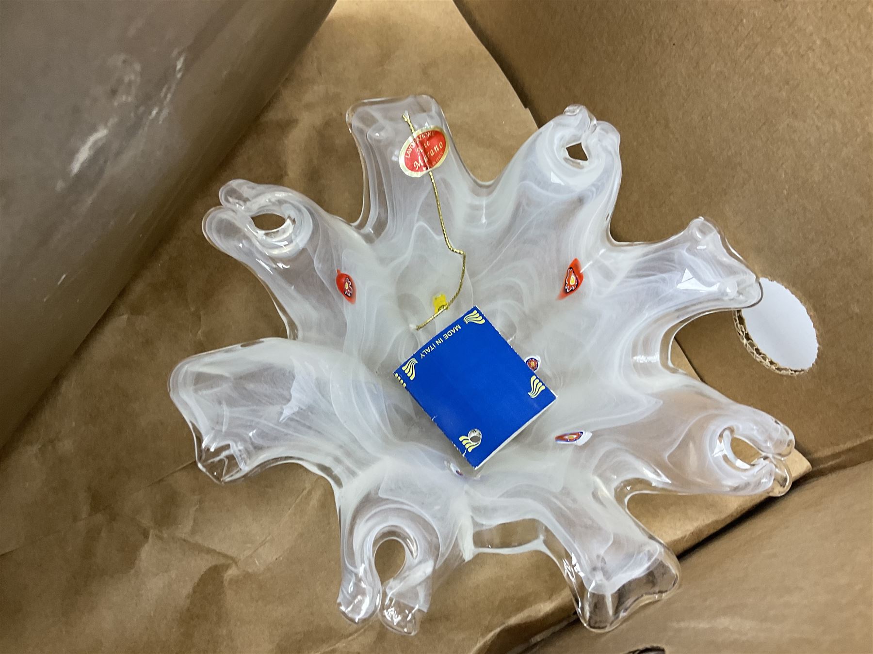 Boxed set of Banda carpet bowls, two boxed sets of Stuart glasses, Murano art glass bowl, cloisonné plate decorated with flowers upon gilt ground, silver plate and other metalware etc