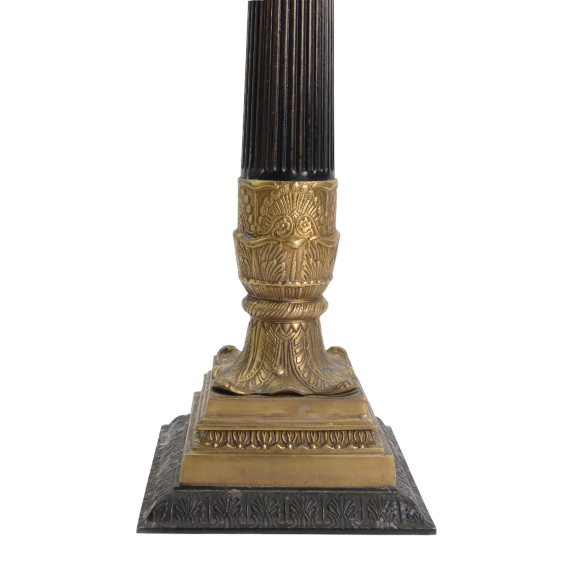 Pair of 20th century Corinthian column seven branch candelabra, with gilt brass sconces and swept acanthus leaf pedestal bases, H69cm (2)