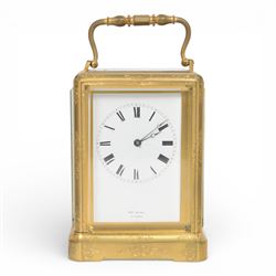 Late 19th century French 8-day brass cased carriage clock, Henry Marc of Paris, the gorge ...