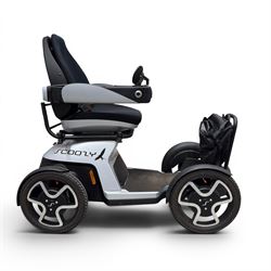 TGA Scoozy - mobility scooter, four wheel model with joystick controls, front storage bag, lights and grey and black bodywork.
