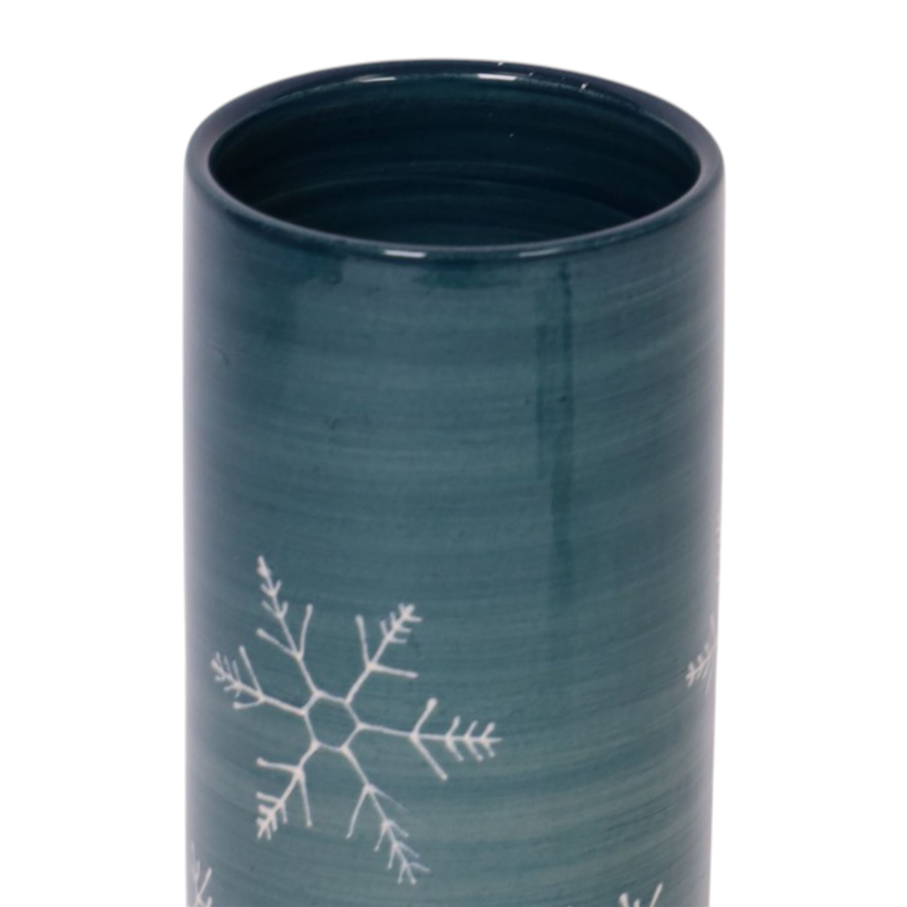 Dennis China Works trial vase of cylindrical form, decorated with snowflakes on a green ground, H23cm 