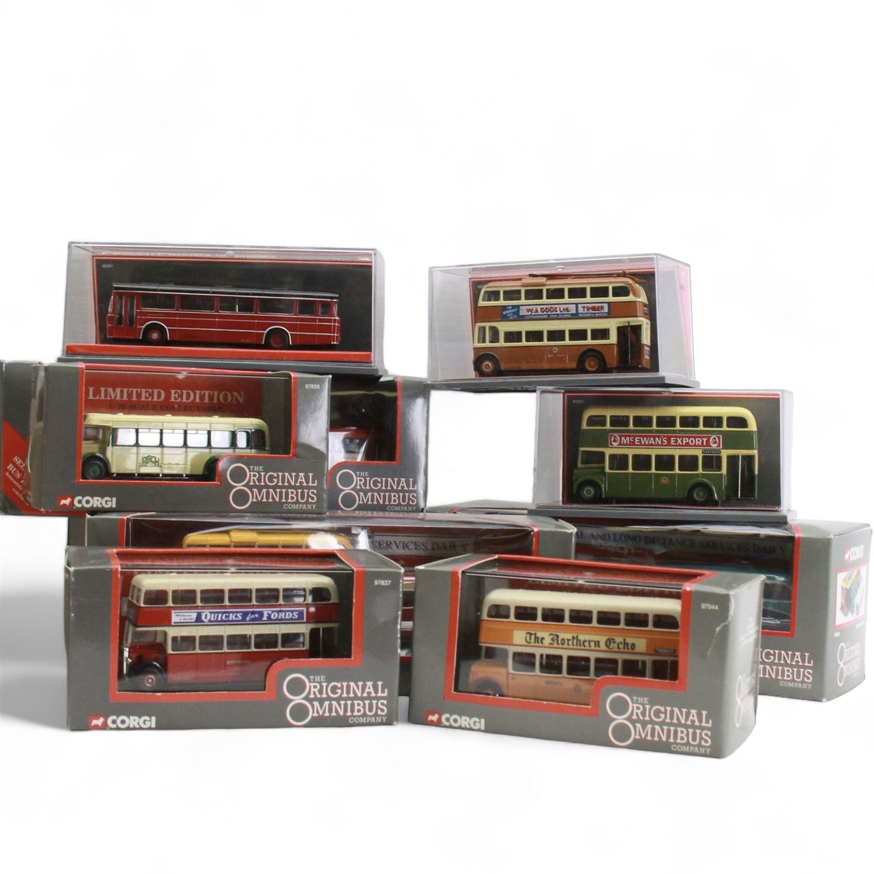 Nineteen limited edition Corgi The Original Omnibus 1:76 scale diecast models, including 45001 Dorset Delights, 45002 The Varsity Set and 97095 Lancashire Holiday Set, all boxed with certificates 