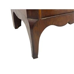 Early 19th century walnut secrétaire, rectangular top above full width drawer, hinged writing surface with green leather inset enclosing small drawers and shelves, lower section fitted with double cupboard enclosing additional shelves and drawer, raised on bracket feet with scalloped apron