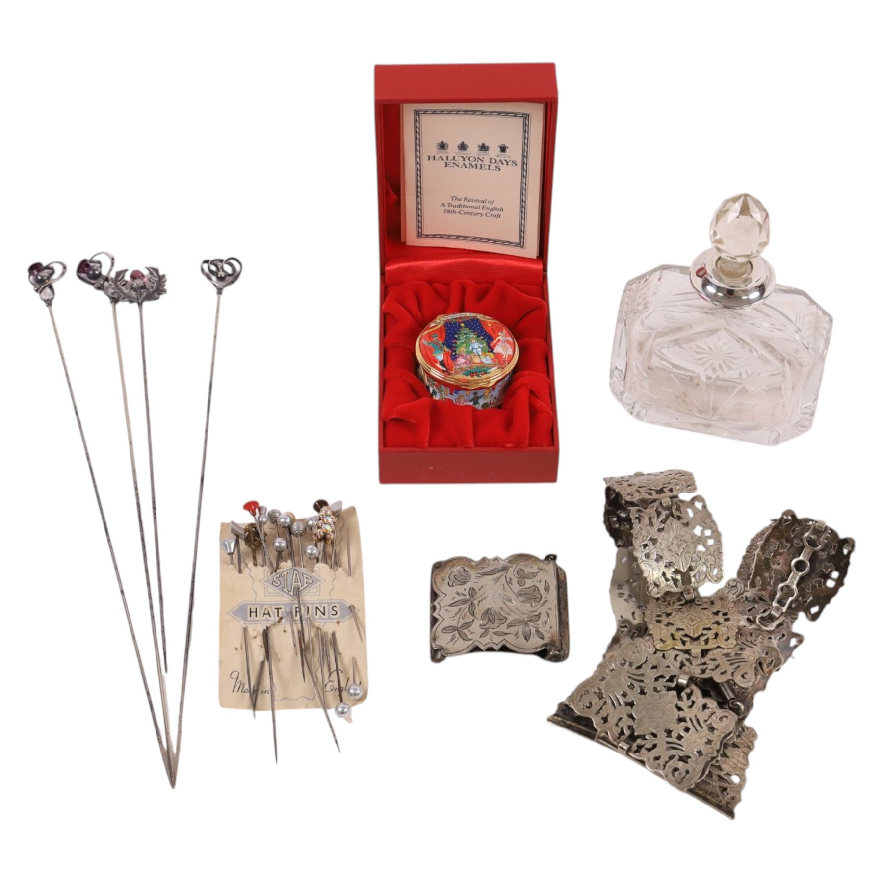 Three silver Charles Horner hat pins, hallmarked, together with Halcyon Days enamel box, silver collared scent bottle, hallmarked, further hat pins, and silver plated belt and buckle