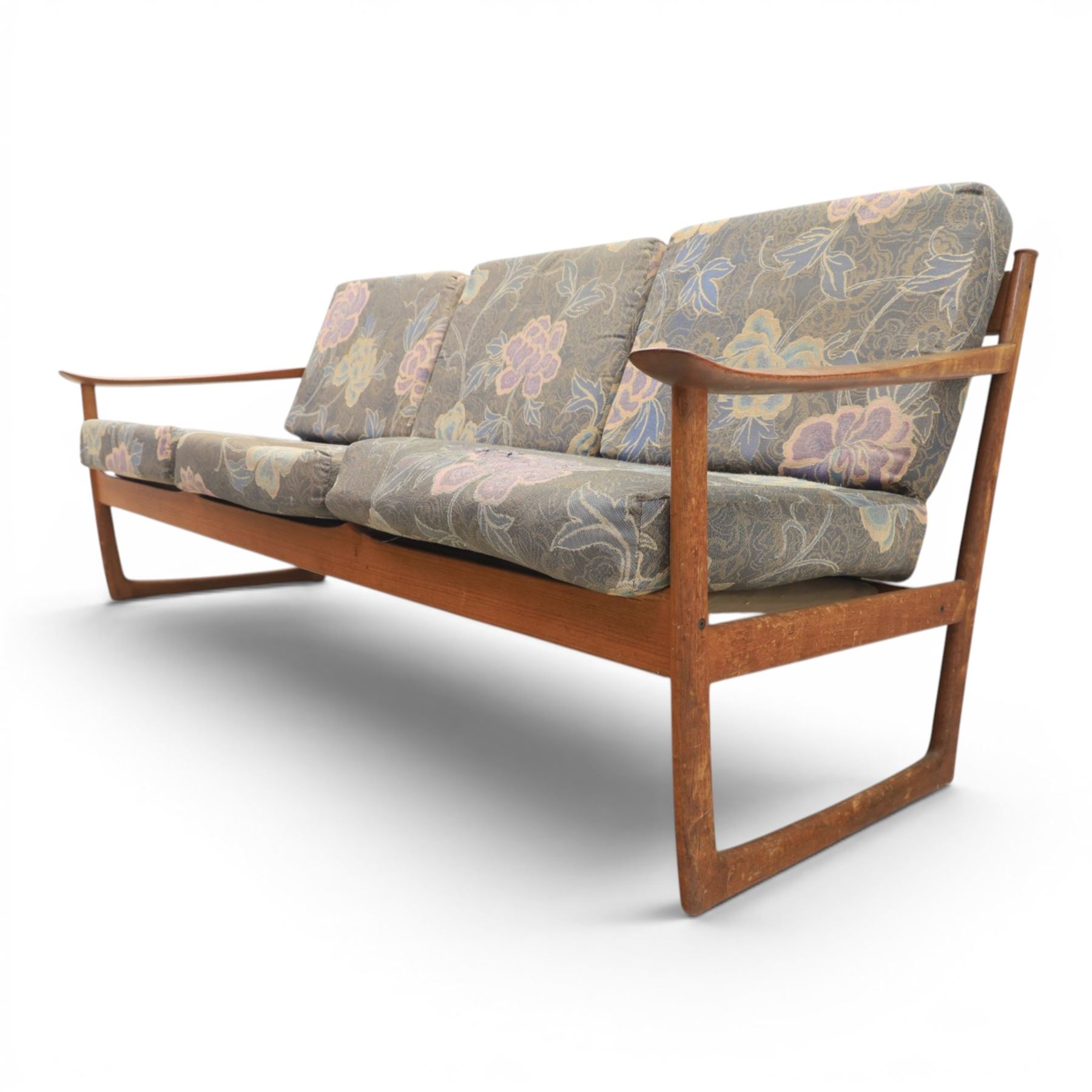 Peter Hvidt and Orla Mølgaard for France and Son - mid-20th century model FD130 teak framed three seater settee, foliate design loose cushion 