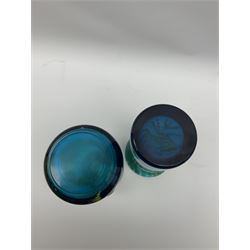 Quantity of M’dina art glass to include a streaked blue and green bottle form vase with captured bubble design and slender neck, H35cm, along with a paperweight, ovoid form vase and another vase all decorated in a blue, brown and white colour way, other contemporary glass examples etc with etched marks beneath