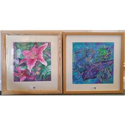 Penny Wicks (British 1949-): 'Silk Lilies' and Under the Sea, two batiks signed 27cm x 25cm and 29cm x 29cm (2)