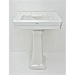  White glazed Art Deco style rectangular wash basin and pedestal, W61cm H91cm   