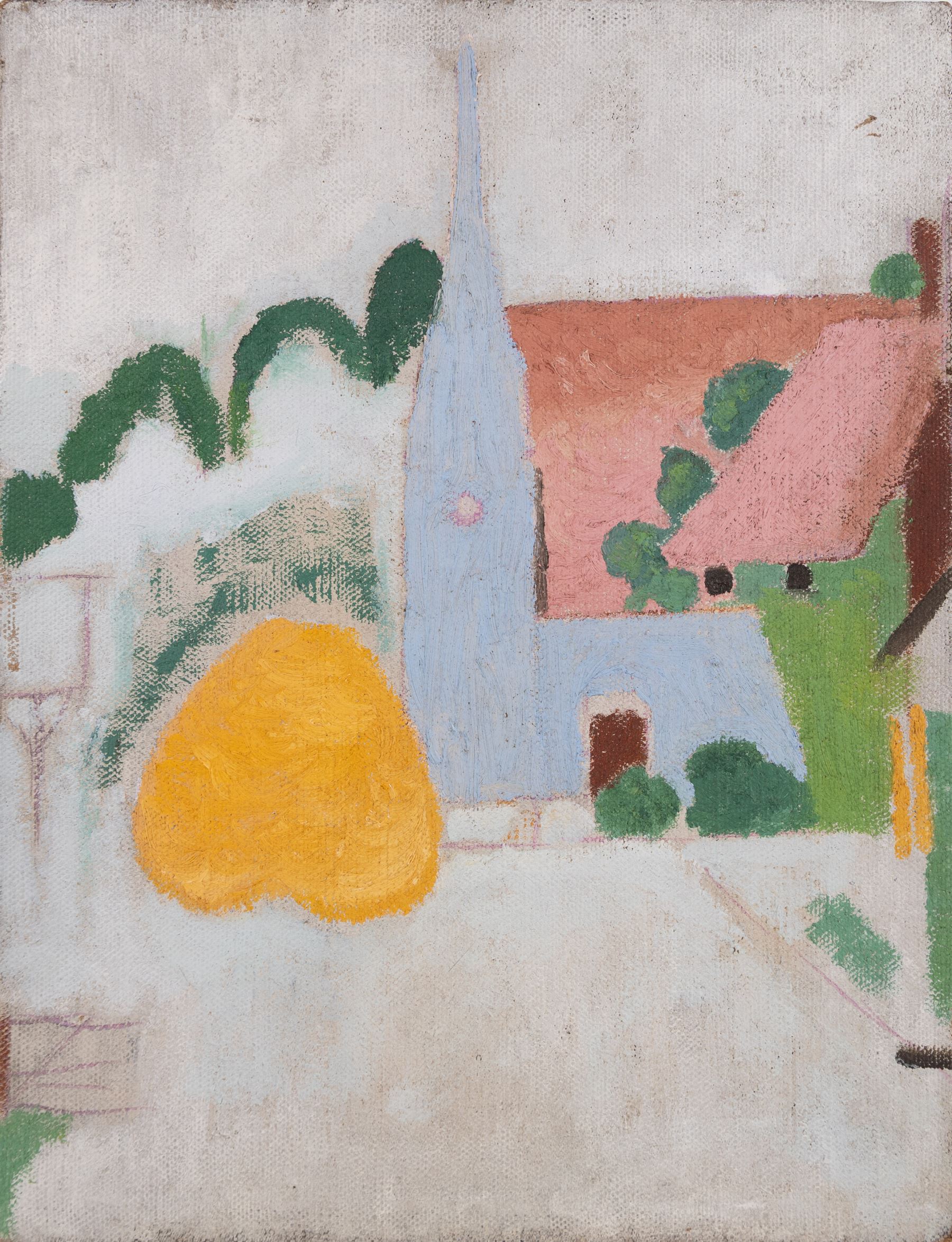 Cubist School (20th Century): Church with Pink Roofed Houses, unfinished oil on canvas unsigned 46cm x 36cm (unframed) 