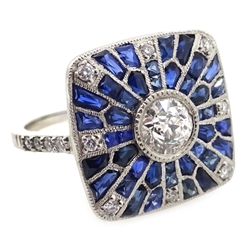  Platinum (tested) sapphire and diamond Art Deco style ring, with diamond set shoulders  