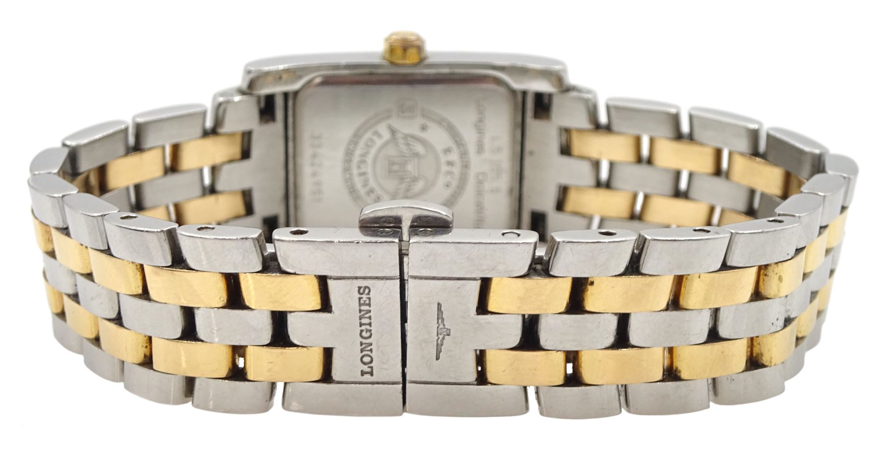 Longines DolceVita ladies stainless steel and gold quartz wristwatch, Ref. L5.155.5, mother of pearl dial with diamond hour markers and diamond set heart and 12 o'clock