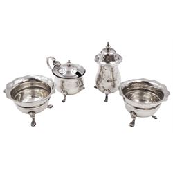 Pair of Victorian silver open salts, of circular form, with girdle and lobed rim, upon three shell mounted pad feet, hallmarked Fenton Brothers Ltd, Birmingham 1900, together with an early 20th century silver mustard pot and cover, of plain circular form, with C scroll handle, shaped rim and engraved initial to body, with knopped finial to slightly domed hinged cover, upon three pad feet, hallmarked Birmingham 1916, maker's mark worn and indistinct, together with a similar silver pepper shaker, hallmarked Birmingham 1911, maker's mark worn and indistinct