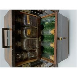 19th century mahogany travelling apothecary cabinet, with recessed brass carry handle to top, and two deep-section hinged doors to the front opening to reveal a fitted interior with clear glass bottles and two drawers, H27cm
