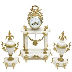 French-Early 20th century 8-day white marble and gilt metal striking portico mantle clock ...