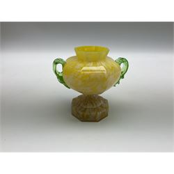Yellow glass urn with twin green handles, together with glass bowl and matching plate, two canteens of cutlery and other collectables, two boxes  