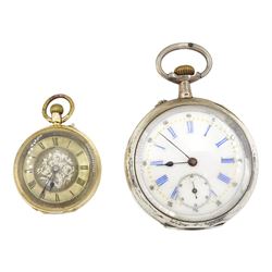 Early 20th century 14ct gold keyless lever pocket watch and Swiss silver keyless pocket watch, stamped, white dial with Roman numerals and subsidiary seconds dial, hallmarked