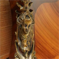 French Louis XV revival bombe commode, early 20th century, with variegated marble top above two drawers inlaid with floral marquetry, gilt metal rococo handles and mounts, kingwood and tulipwood veneers laid in chevron and quartered patterns, on cabriole supports with gilt sabots