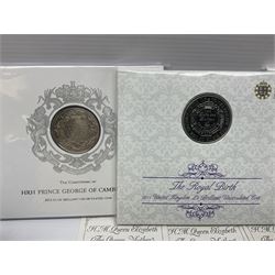 Queen Elizabeth II 1977 silver crown and 1980 silver crown, both cased with certificates, Bailiwick of Guernsey 1978 silver crown cased without certificate, three United Kingdom brilliant uncirculated five pound coins in card folders and twelve other five pound coins