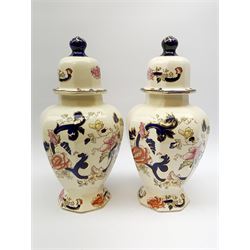 Pair of Mason's Mandalay hexagonal vases and covers, H34cm 