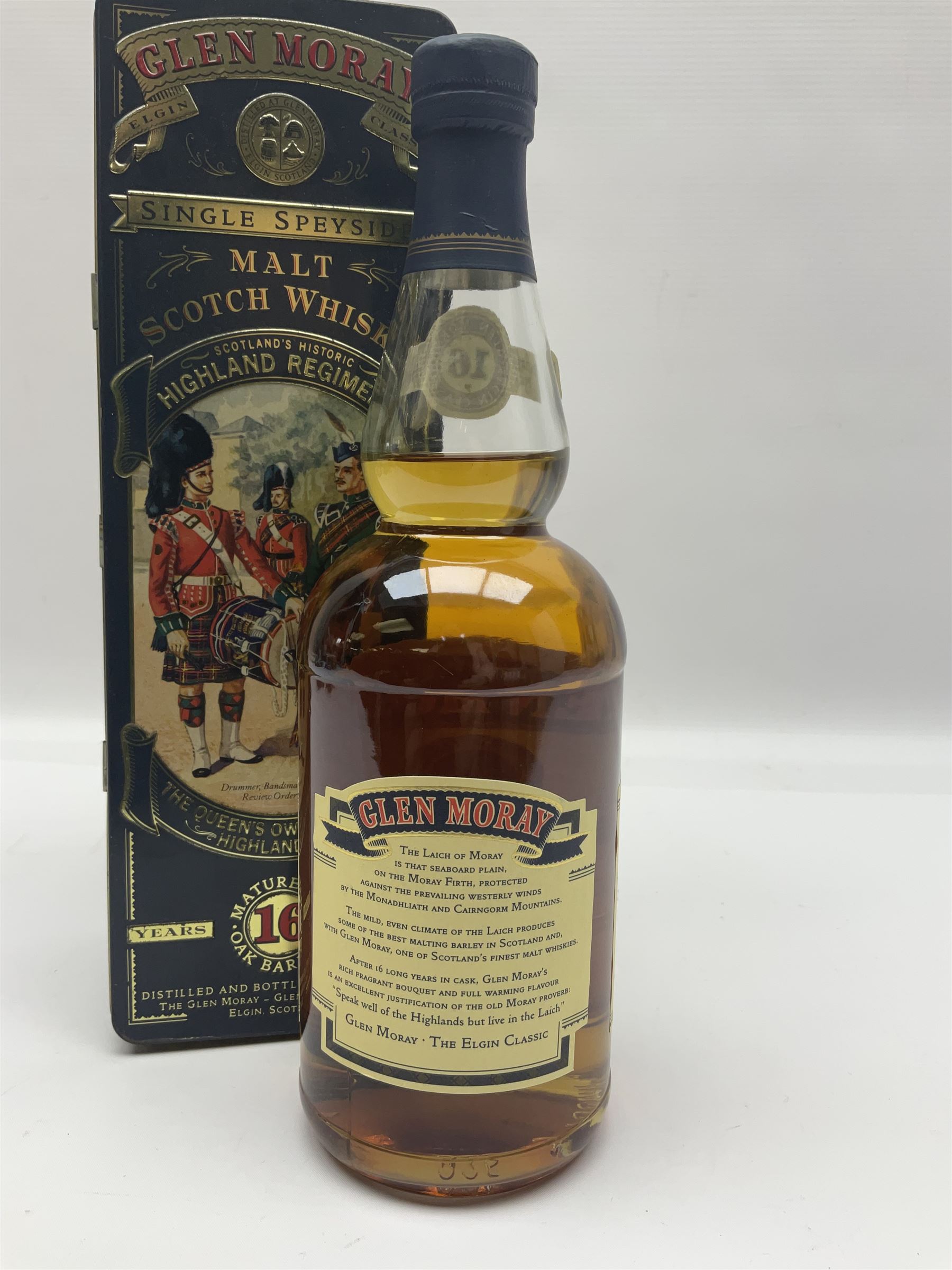 Glen Moray 16 year old Single Highland Malt Scotch Whisky, 70cl 43%, in original Highland Regiments presentation tin 