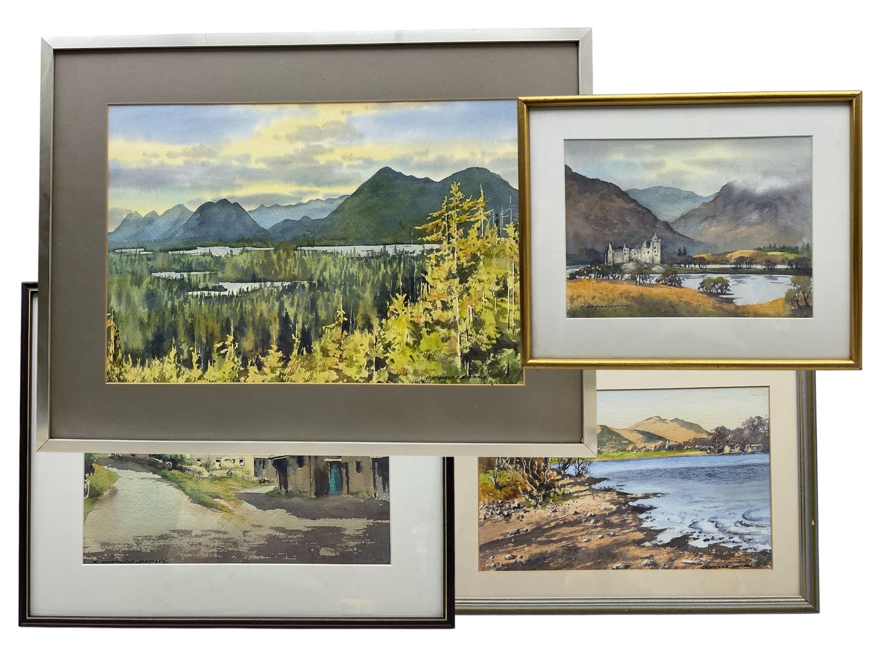 Ernest Charles Simpson (British 1915-2007): ''Saddleback on Blencathra from Derwentwater' 'Kettlewell' 'The Rainforest Vancouver Island - Canada' and 'Kilchurn Castle - Loch Awe', four watercolours signed, titled in a later hand verso, largest 35cm x 52cm (4)