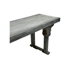 Pair of grey painted benches, rectangular seats on square supports 