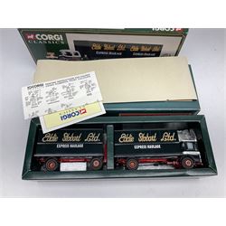 Corgi Eddie Stobart - four Classics lorries; 18801 Bedford KM, 97369 AEC Truck & Trailer, 23101 Ford Transcontinental Tilt Trailer and 14303 Foden S21 Artic Trailer; limited edition 21601 AEC Ergomatic 6-wheel Tipper; and two others in the Roadscene and Truckfest 25 Series; all boxed (7)