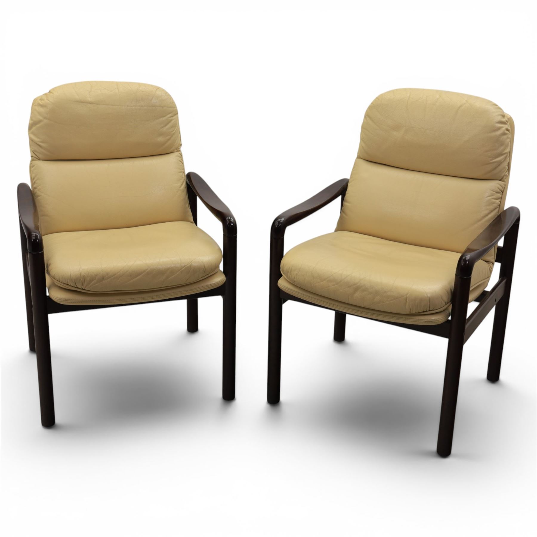 Dyrlund - pair of visitor chairs, solid Santos rosewood frame, rounded edges and broad armrests, seat and backrest with a removable cream leather over-stuffed cushions