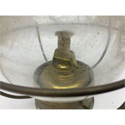 Ships brass onion oil lamp, with clear glass globular shade and wedge burner, together with a Lamp & Limelight miners lamp, tallest H25cm