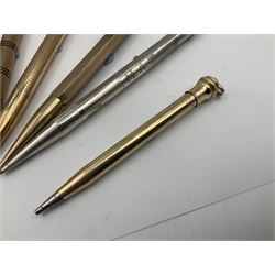 Five gold filled Wahl Eversharp propelling pencils, together with a silver propelling pencil, hallmarked London 1946, J.M.Co Johnson, Matthey & Co, and two further gold filled propelling pencils, one with box, largest L13cm (8)
