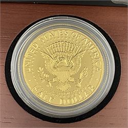 United States of America 2014 '50th Anniversary Kennedy half-dollar' gold proof coin, weighing 0.75 troy ounces of fine gold, cased with certificate
