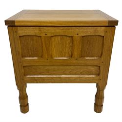 Brian Haw (former Mouseman carver) - Yorkshire oak work or sewing box, hinged lid with panelled sides, fitted with through drawer, on octagonal feet