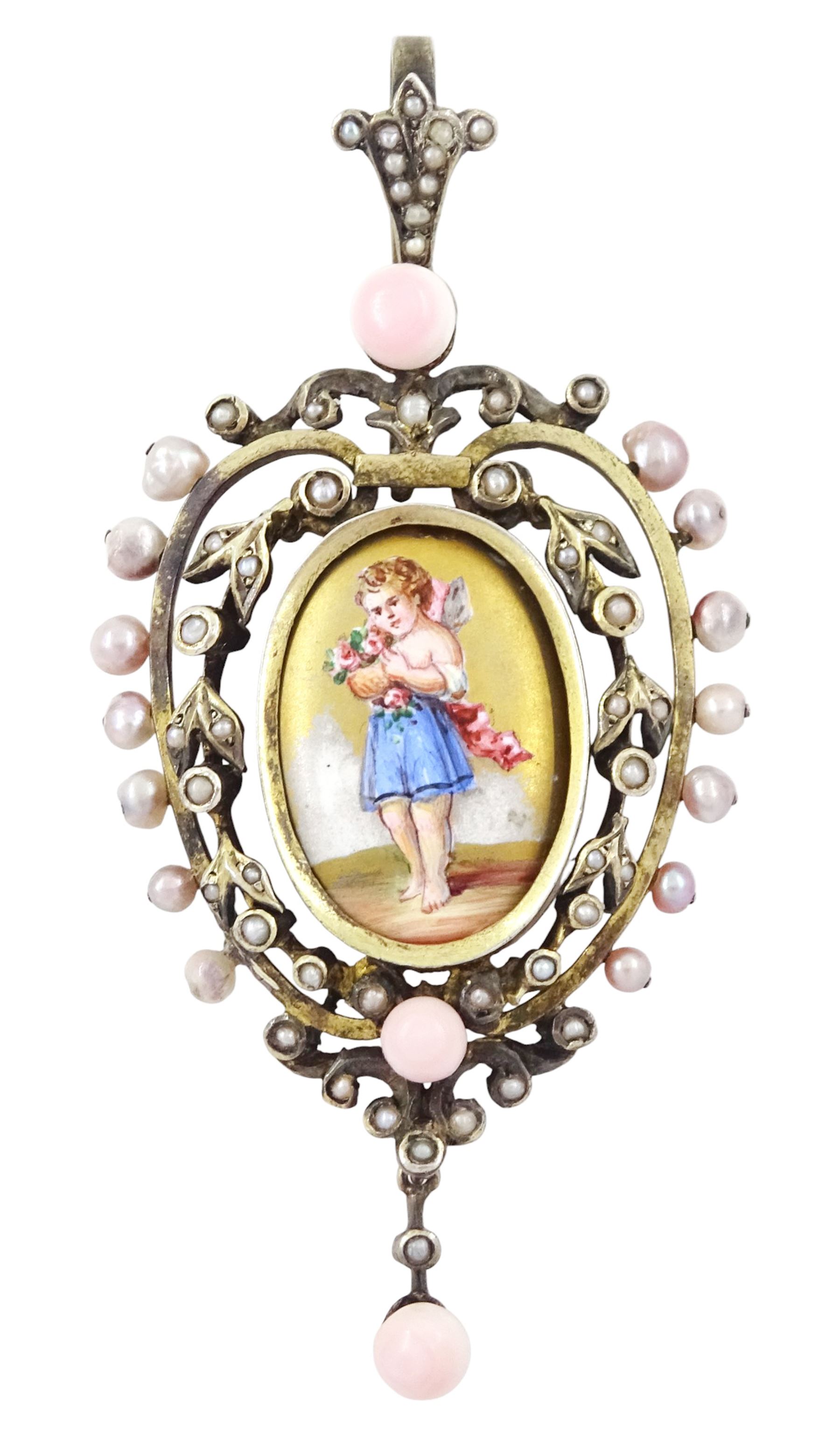 19th century silver pearl locket pendant, set with an oval painted enamel plaque of a cherub holding flowers, within an openwork pearl set surround