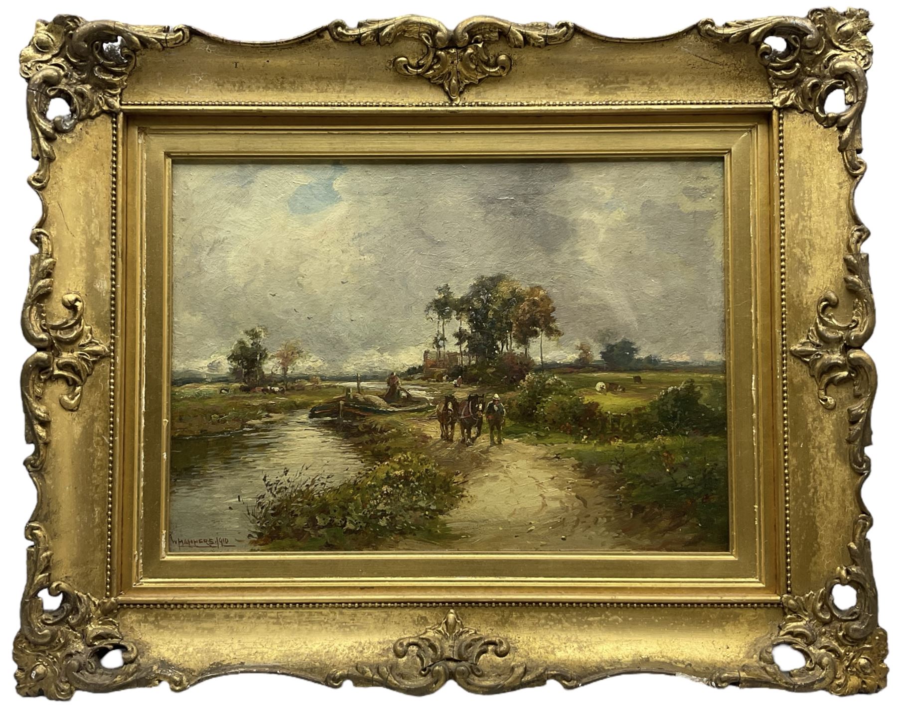 William Manners (British 1860-1930): Figure and Horses Tugging Canal Boat, oil on board signed and dated 1910, 25cm x 35cm