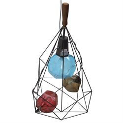 KARE Designs - modern table lamp, the wirework metal cage of multi-faceted form enclosing three coloured glass shades, supported from a central mount with turned wooden handle above