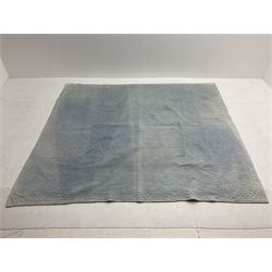 Early 20th century Welsh whole cloth sky blue quilt, in traditional quilting patterns, supported on yellow coloured backing, 174cm x 204cm