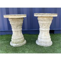 Pair composite stone garden pedestals, circular tops decorated with star - THIS LOT IS TO BE COLLECTED BY APPOINTMENT FROM DUGGLEBY STORAGE, GREAT HILL, EASTFIELD, SCARBOROUGH, YO11 3TX