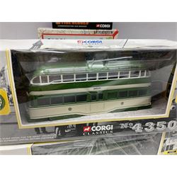 Collection of Corgi die-cast model vehicles, to include 'We're on the move!' set, two Blackpool Balloon Trams, Fire Heroes helicopter, two Eddie Stobart haulage vehicles etc, all boxed (8)