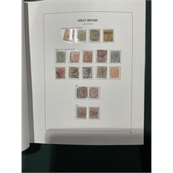Extensive single album collection of Great British Queen Victoria and later stamps, including QV penny black with three margins, 1840 two pence blue, perf two pence blues with white lines added, QV one pound brown lilac, QV one pound green, King George V seahorses, 1929 Postal Union Congress one pound black, King George VI 1939-48 set of six with ten shillings dark blue, Queen Elizabeth II pre-decimal issues, housed in a Stanley Gibbons Great Britain 2001 album, a well presented collection with few ommissions