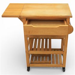 Modern oak butchers block, drop leaf end with towel rail to the other side, above three tiers raised on plastic castors 