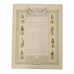 Five coloured French prints of the 4th, 5th, 6th & 13th Cuirassiers through history and the history of the 2nd Regt.de Dragons, H49cm