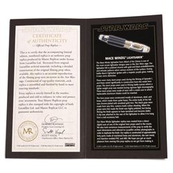 Limited Master Replicas Star Wars Attack of the Clones Mace Windu Lightsaber no. SW-112, 1:1 scale, in box with outer cardboard sleeve, with certificate, separate acrylic display case and plaque, limited edition no. 507/1750