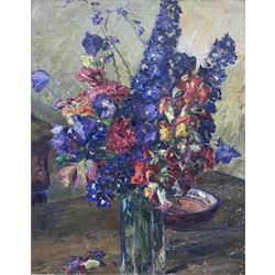 French School (Early 20th century): Still Life of Flowers in a Glass Vase, oil on canvas unsigned c.1930, 45cm x 35cm