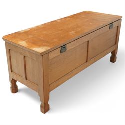 Squirrelman - oak six panel blanket box, on octagonal feet, squirrelman carving on the feet by Wilfred Hutchinson, Husthwaite, Thirsk