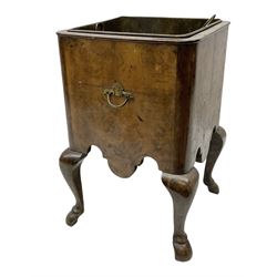 Queen Anne style figured walnut square jardiniere, shaped frieze on cabriole legs with hoof feet, original liner, H40cm
