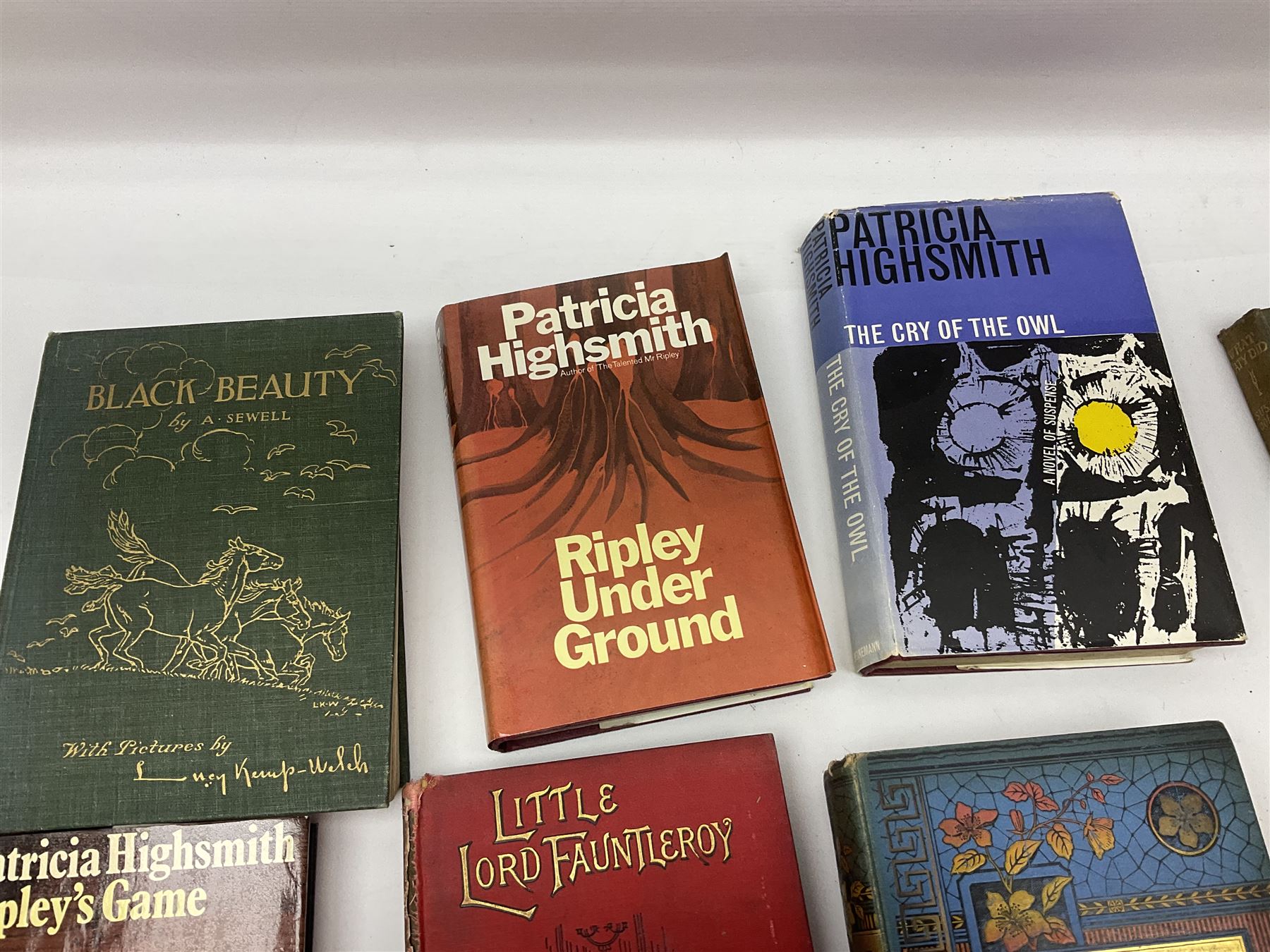 Two editions of Black Beauty by Anna Sewell - one 1899 with limp covers, the other 1915 illustrated by Lucy Kemp-Welch; seven works by Yorkshire author H.L. Gee; three novels by Patricia Highsmith; and five other books