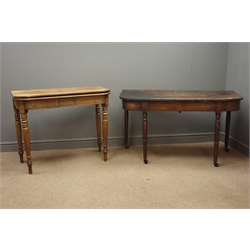  18th century figured mahogany D-end table on turned collar supports (W122cm, H69cm, D57cm), 19th century mahogany foldover tea table  