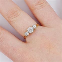 Gold three stone old cut diamond ring, stamped 18ct Plat, total diamond weight approx 0.50 carat