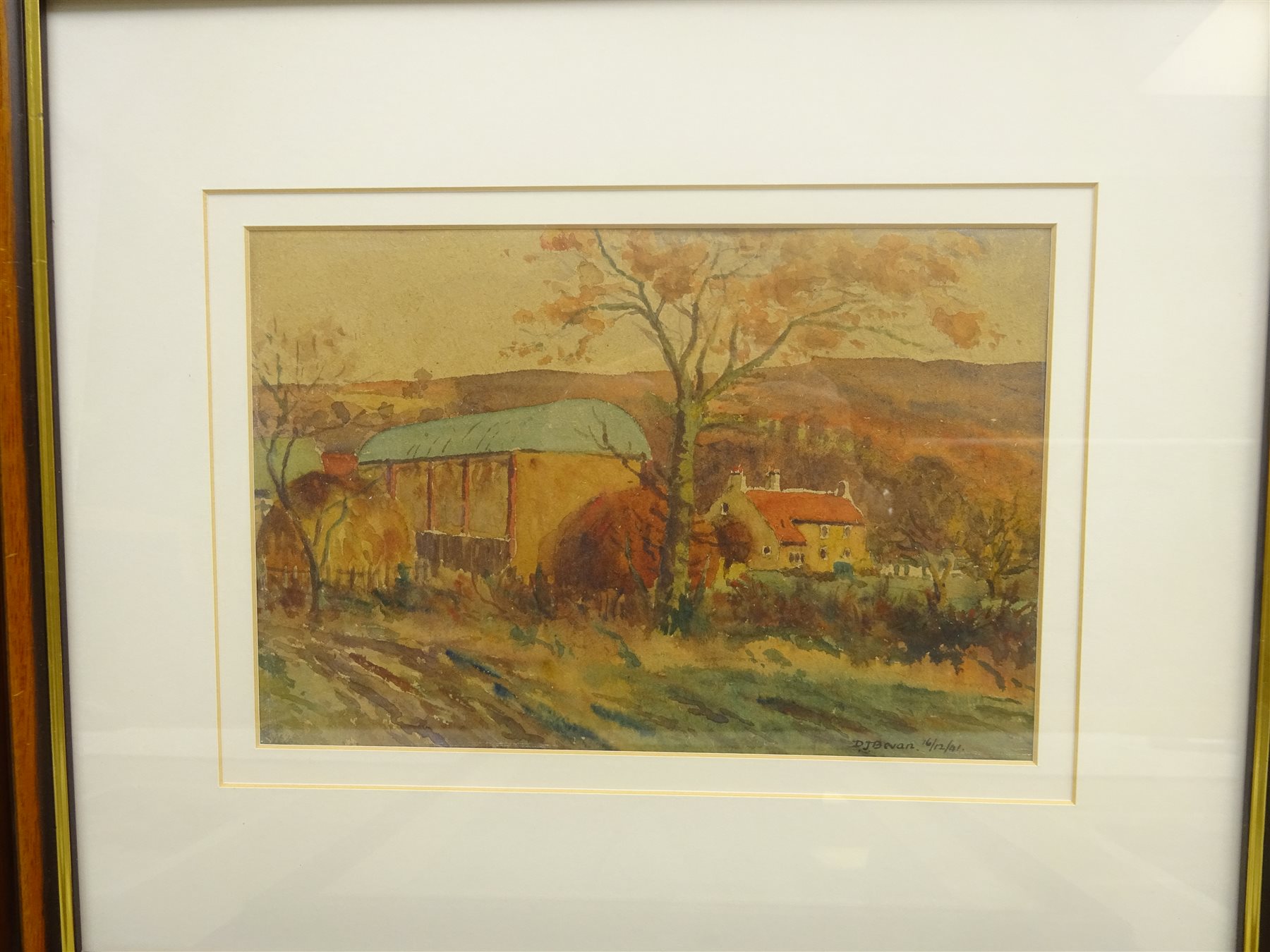 DJ Bevan (British 20th century): Moorland Scenes, three watercolours, two signed and one dated 16/12/41, Boats in the Harbour, early 20th century watercolour signed H Callen, and two etchings indistinctly signed and titled, max 34cm x 24cm (6)