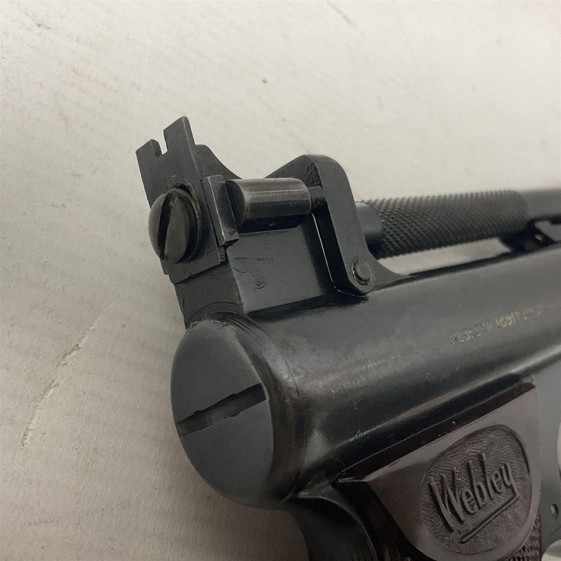 Webley Senior .22 cal. air pistol with top lever action, serial no.273; in original box with label under lid; together with two tins of pellets NB: AGE RESTRICTIONS APPLY TO THE PURCHASE OF AIR WEAPONS.